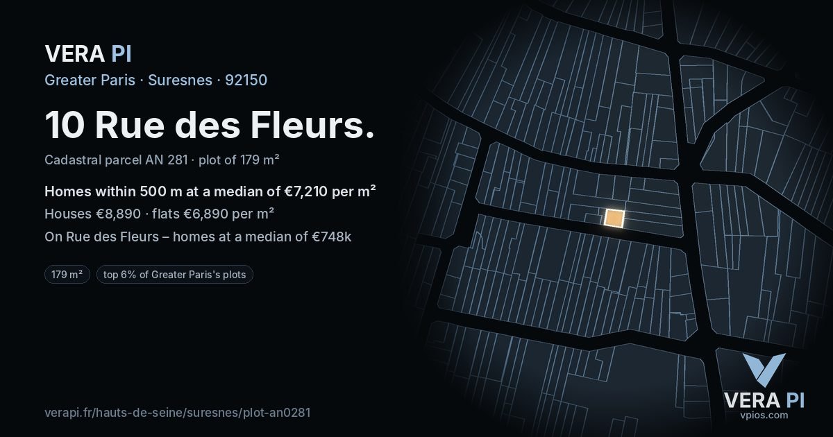 10 Rue des Fleurs, Suresnes at night – the plot lit, the parcels around coloured by the prices near them