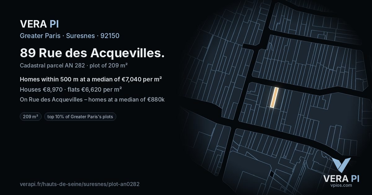 89 Rue des Acquevilles, Suresnes at night – the plot lit, the parcels around coloured by the prices near them