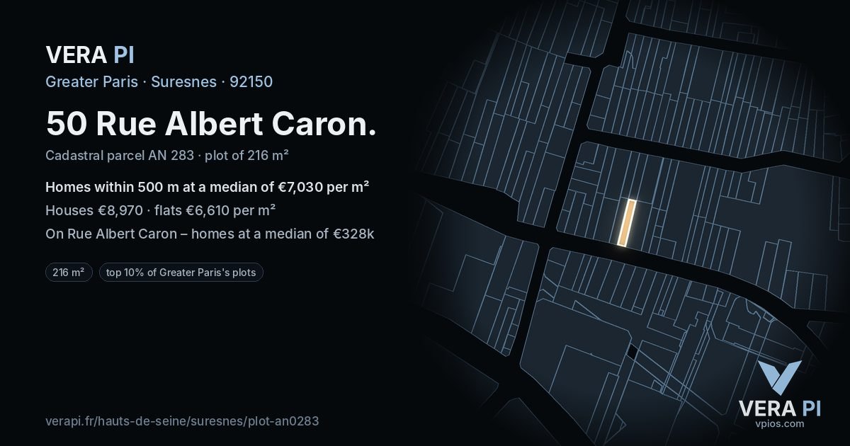 50 Rue Albert Caron, Suresnes at night – the plot lit, the parcels around coloured by the prices near them