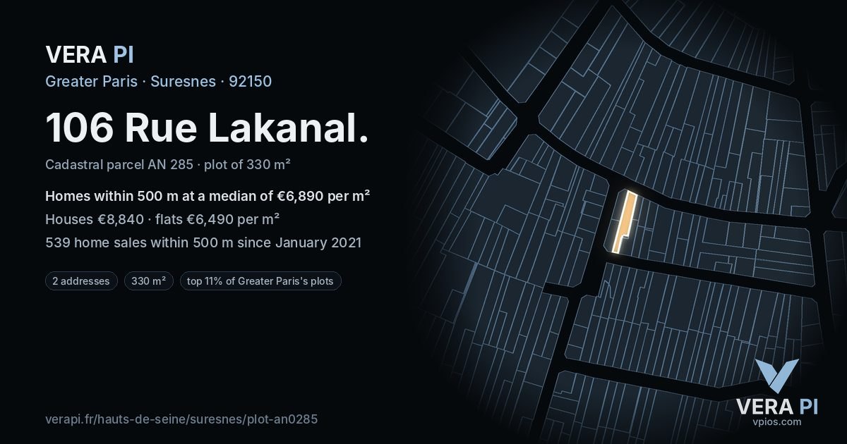 106 Rue Lakanal, Suresnes at night – the plot lit, the parcels around coloured by the prices near them