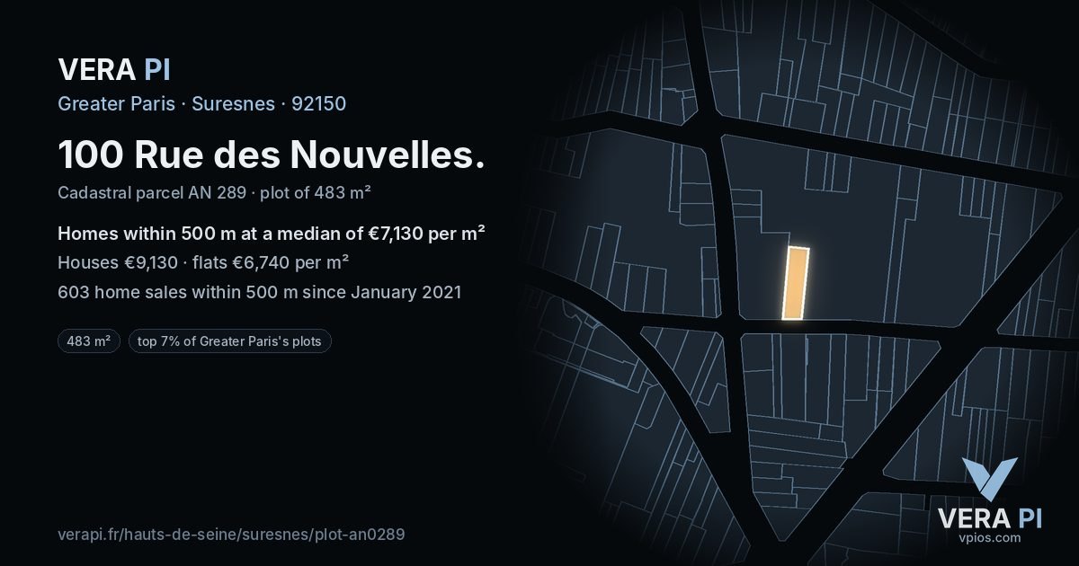 100 Rue des Nouvelles, Suresnes at night – the plot lit, the parcels around coloured by the prices near them