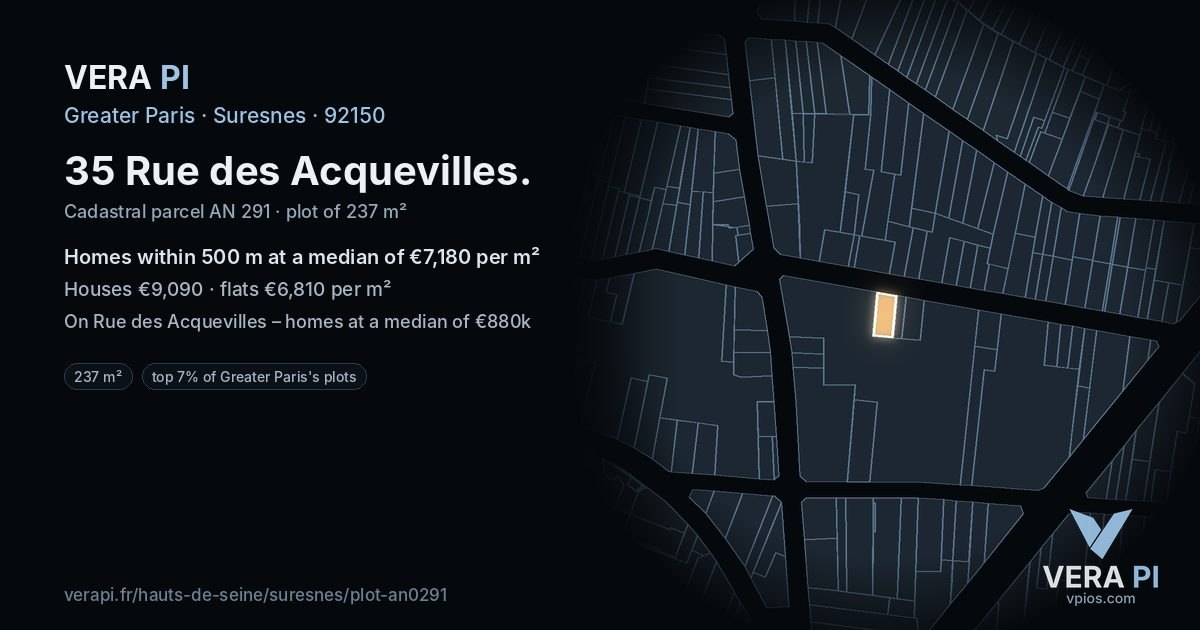 35 Rue des Acquevilles, Suresnes at night – the plot lit, the parcels around coloured by the prices near them