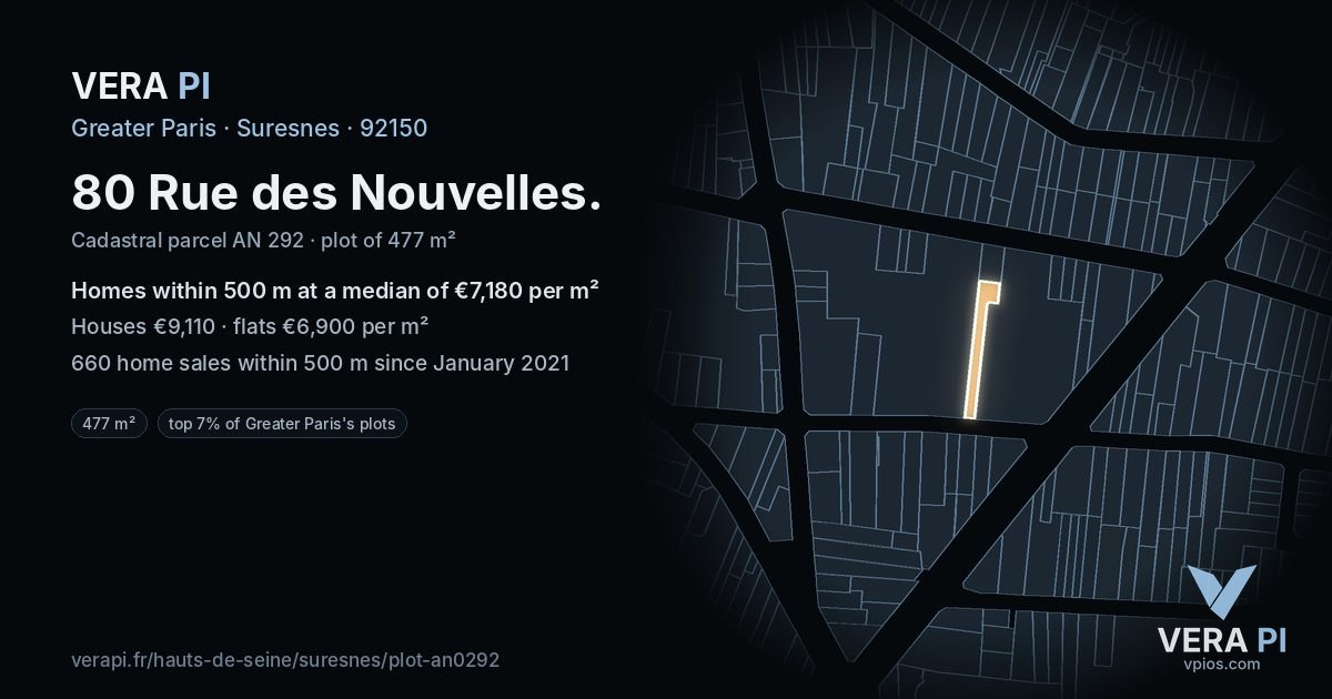 80 Rue des Nouvelles, Suresnes at night – the plot lit, the parcels around coloured by the prices near them