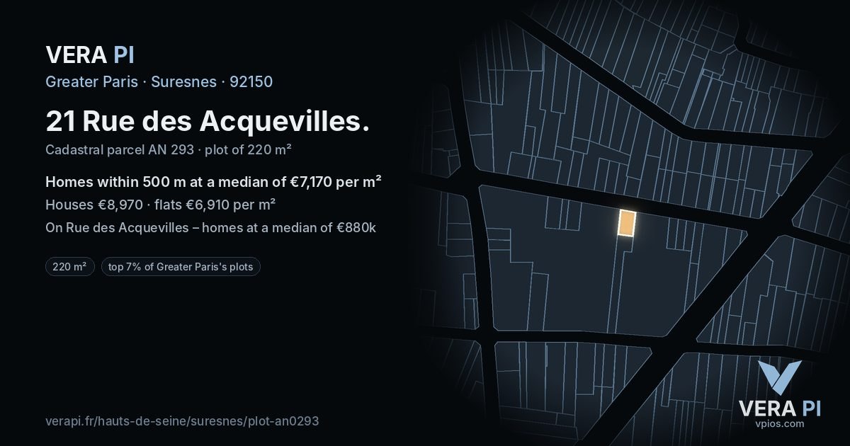 21 Rue des Acquevilles, Suresnes at night – the plot lit, the parcels around coloured by the prices near them
