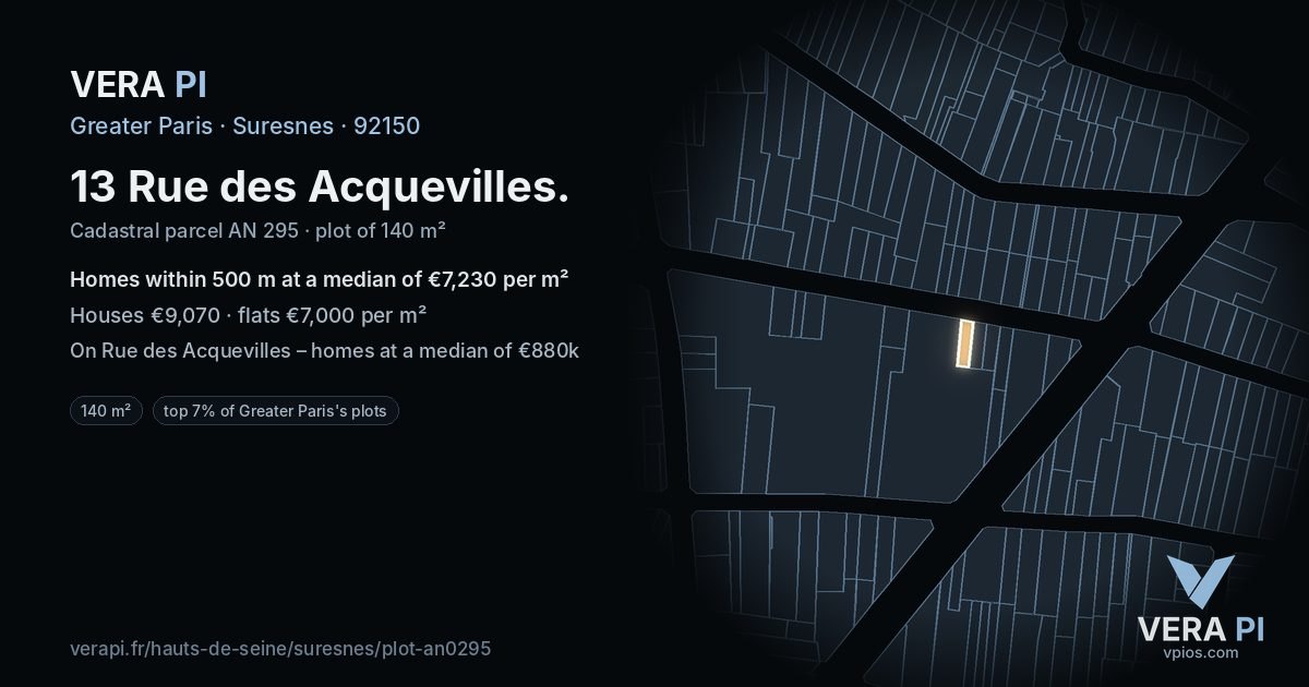 13 Rue des Acquevilles, Suresnes at night – the plot lit, the parcels around coloured by the prices near them