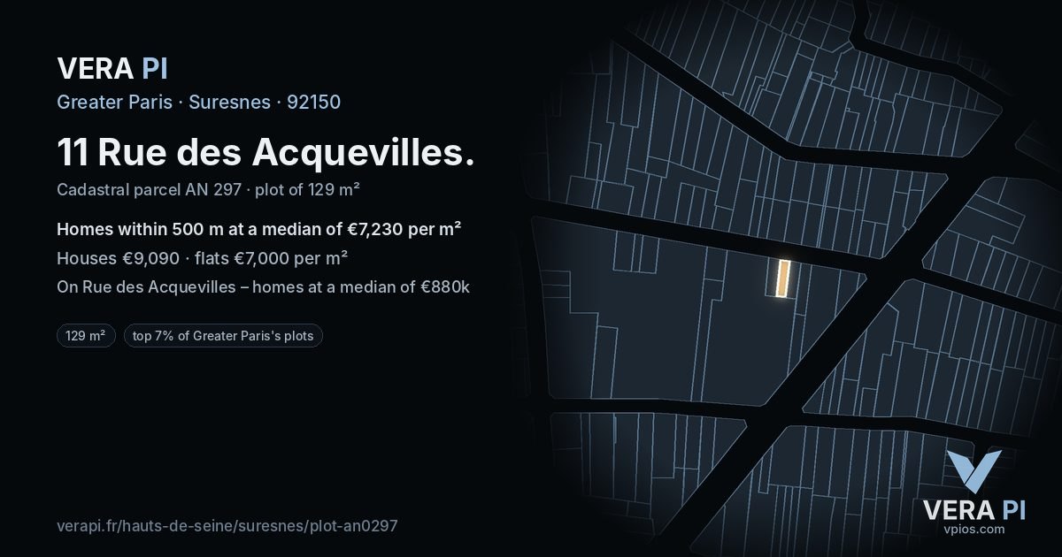 11 Rue des Acquevilles, Suresnes at night – the plot lit, the parcels around coloured by the prices near them