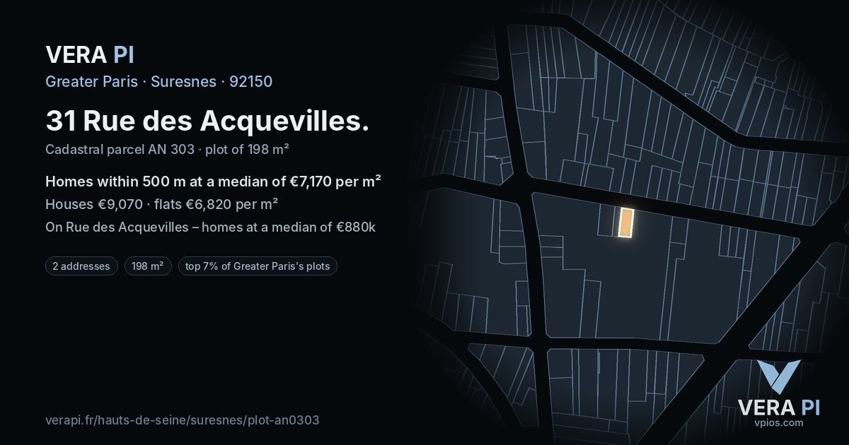 31 Rue des Acquevilles, Suresnes at night – the plot lit, the parcels around coloured by the prices near them