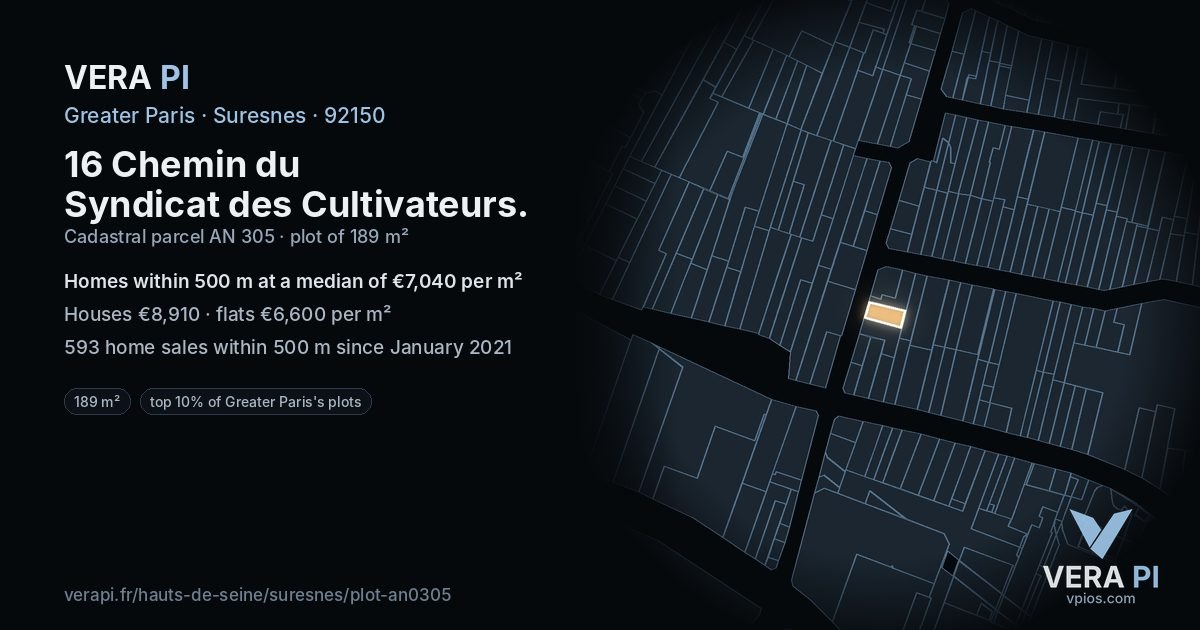 16 Chemin du Syndicat des Cultivateurs, Suresnes at night – the plot lit, the parcels around coloured by the prices near them