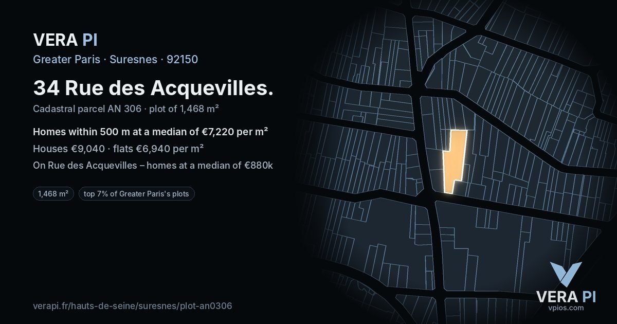 34 Rue des Acquevilles, Suresnes at night – the plot lit, the parcels around coloured by the prices near them