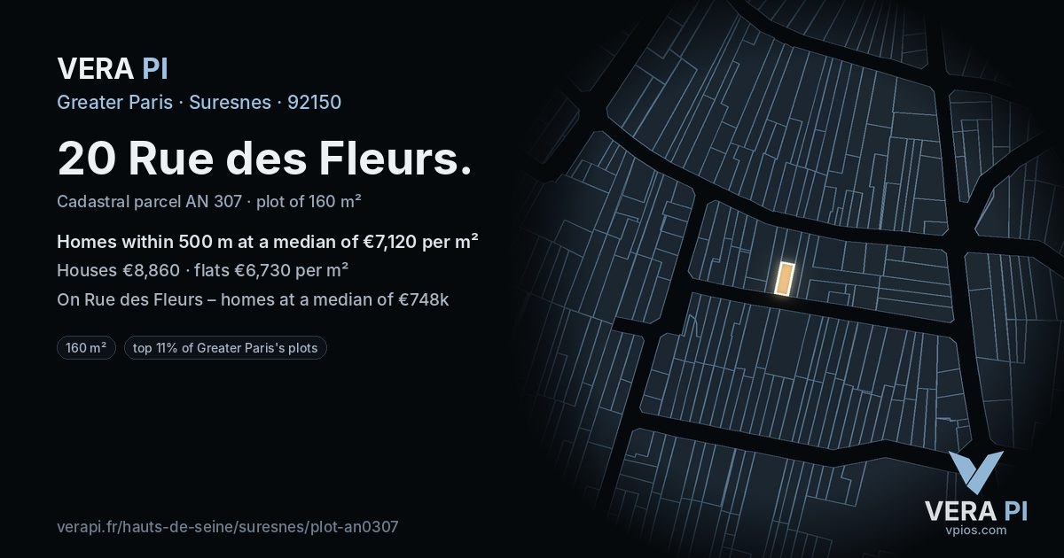 20 Rue des Fleurs, Suresnes at night – the plot lit, the parcels around coloured by the prices near them