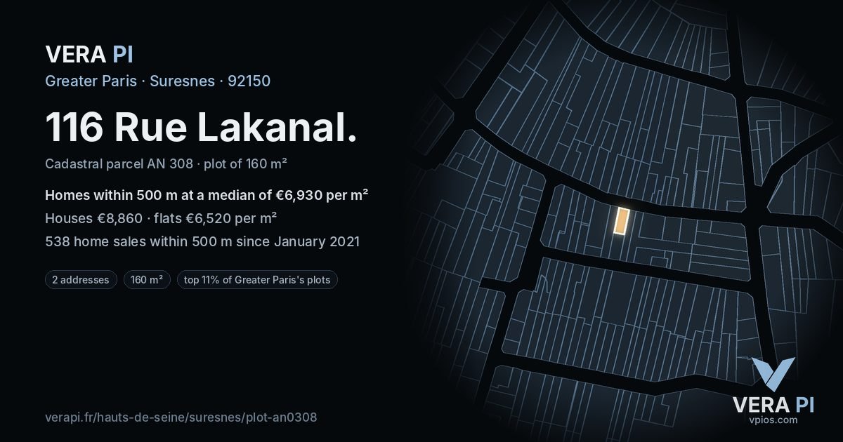 116 Rue Lakanal, Suresnes at night – the plot lit, the parcels around coloured by the prices near them