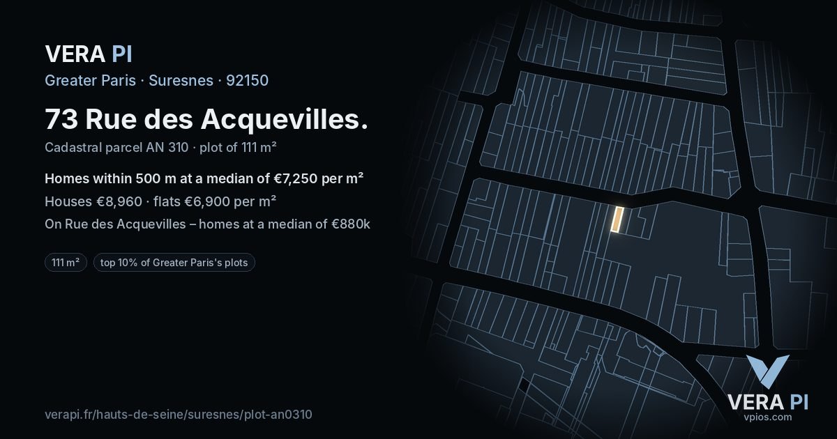 73 Rue des Acquevilles, Suresnes at night – the plot lit, the parcels around coloured by the prices near them