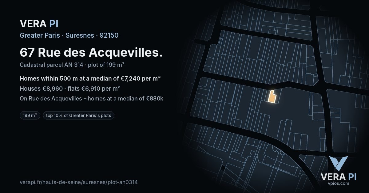 67 Rue des Acquevilles, Suresnes at night – the plot lit, the parcels around coloured by the prices near them