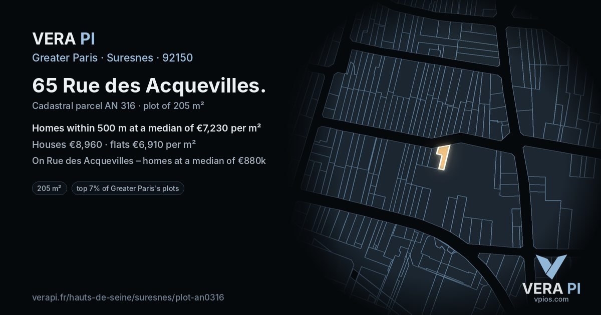 65 Rue des Acquevilles, Suresnes at night – the plot lit, the parcels around coloured by the prices near them