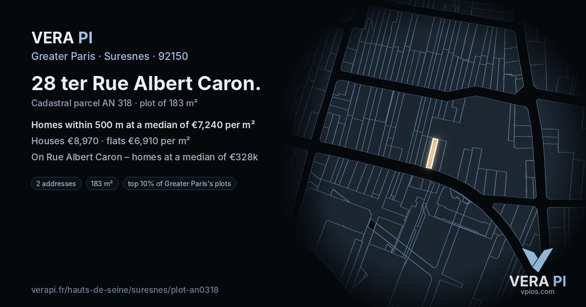 28 ter Rue Albert Caron, Suresnes at night – the plot lit, the parcels around coloured by the prices near them