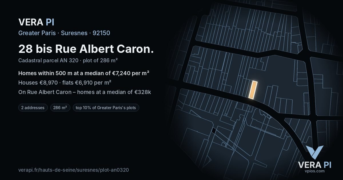 28 bis Rue Albert Caron, Suresnes at night – the plot lit, the parcels around coloured by the prices near them
