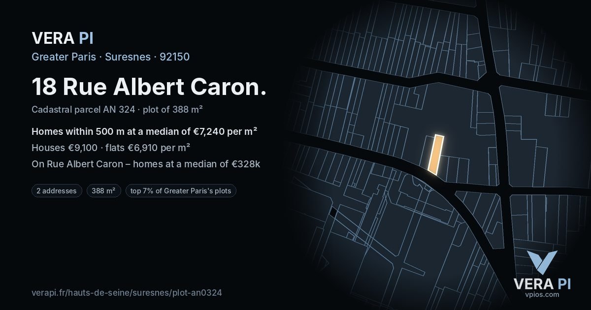 18 Rue Albert Caron, Suresnes at night – the plot lit, the parcels around coloured by the prices near them