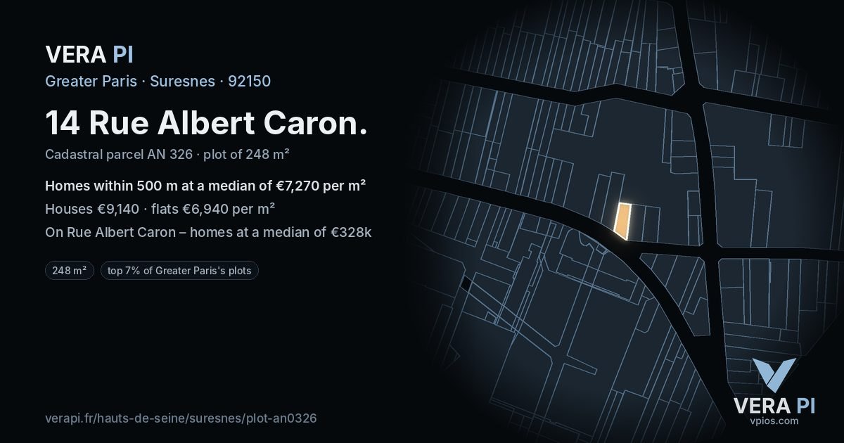 14 Rue Albert Caron, Suresnes at night – the plot lit, the parcels around coloured by the prices near them