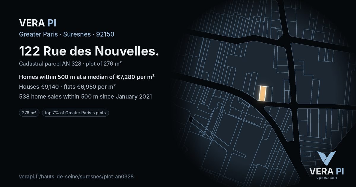 122 Rue des Nouvelles, Suresnes at night – the plot lit, the parcels around coloured by the prices near them