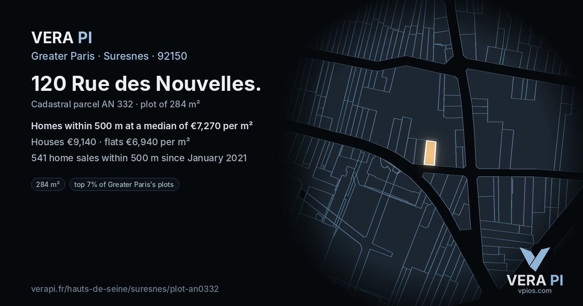 120 Rue des Nouvelles, Suresnes at night – the plot lit, the parcels around coloured by the prices near them