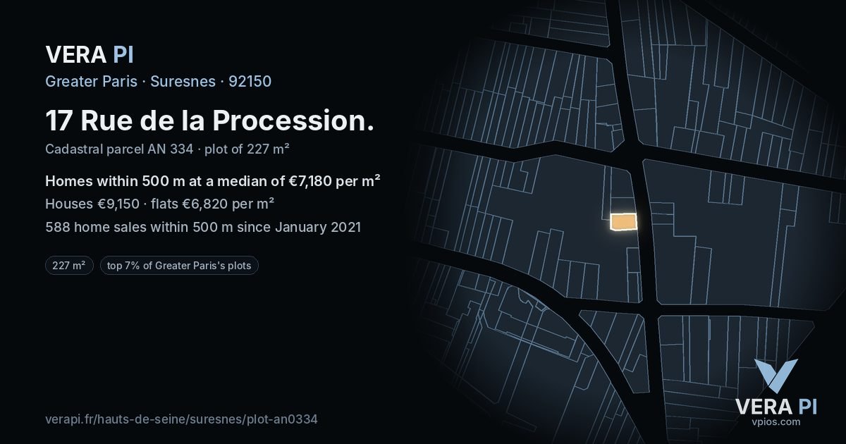 17 Rue de la Procession, Suresnes at night – the plot lit, the parcels around coloured by the prices near them