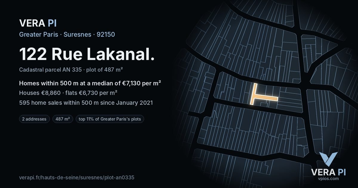 122 Rue Lakanal, Suresnes at night – the plot lit, the parcels around coloured by the prices near them