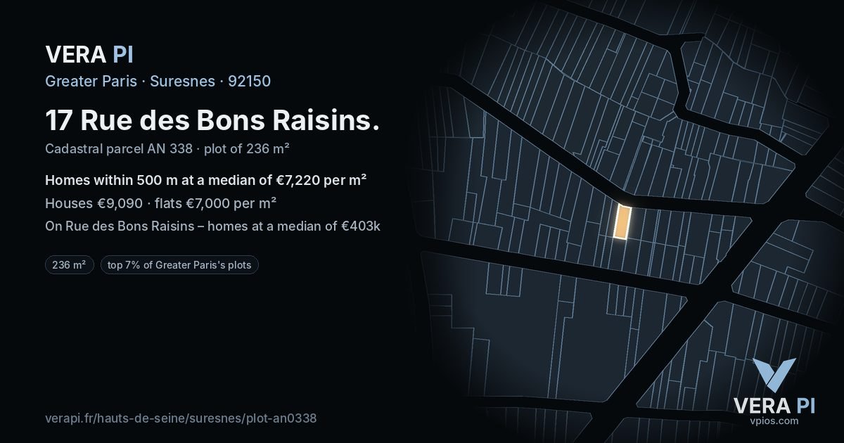 17 Rue des Bons Raisins, Suresnes at night – the plot lit, the parcels around coloured by the prices near them