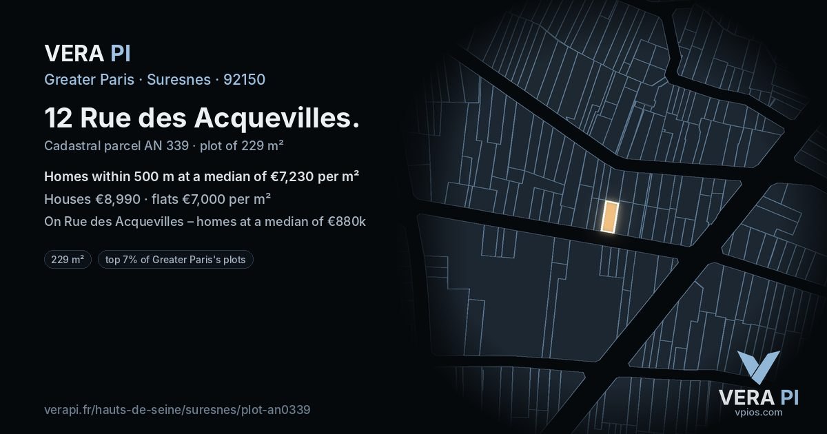 12 Rue des Acquevilles, Suresnes at night – the plot lit, the parcels around coloured by the prices near them