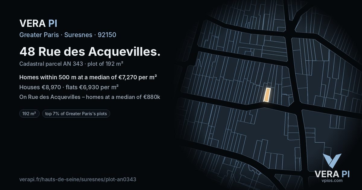 48 Rue des Acquevilles, Suresnes at night – the plot lit, the parcels around coloured by the prices near them