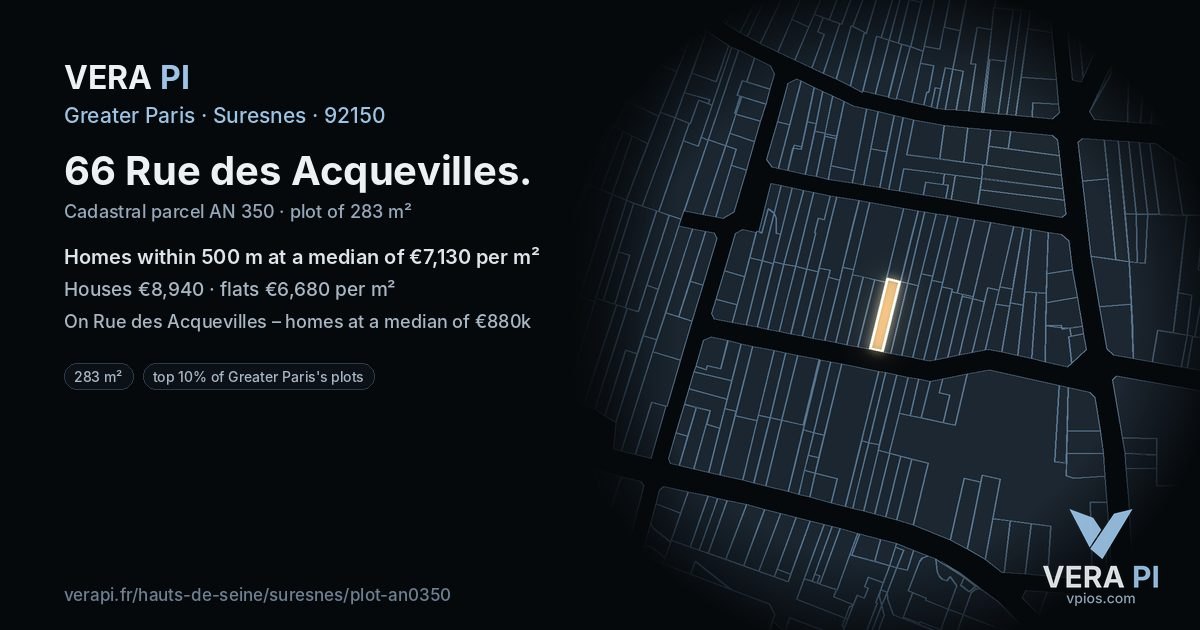 66 Rue des Acquevilles, Suresnes at night – the plot lit, the parcels around coloured by the prices near them