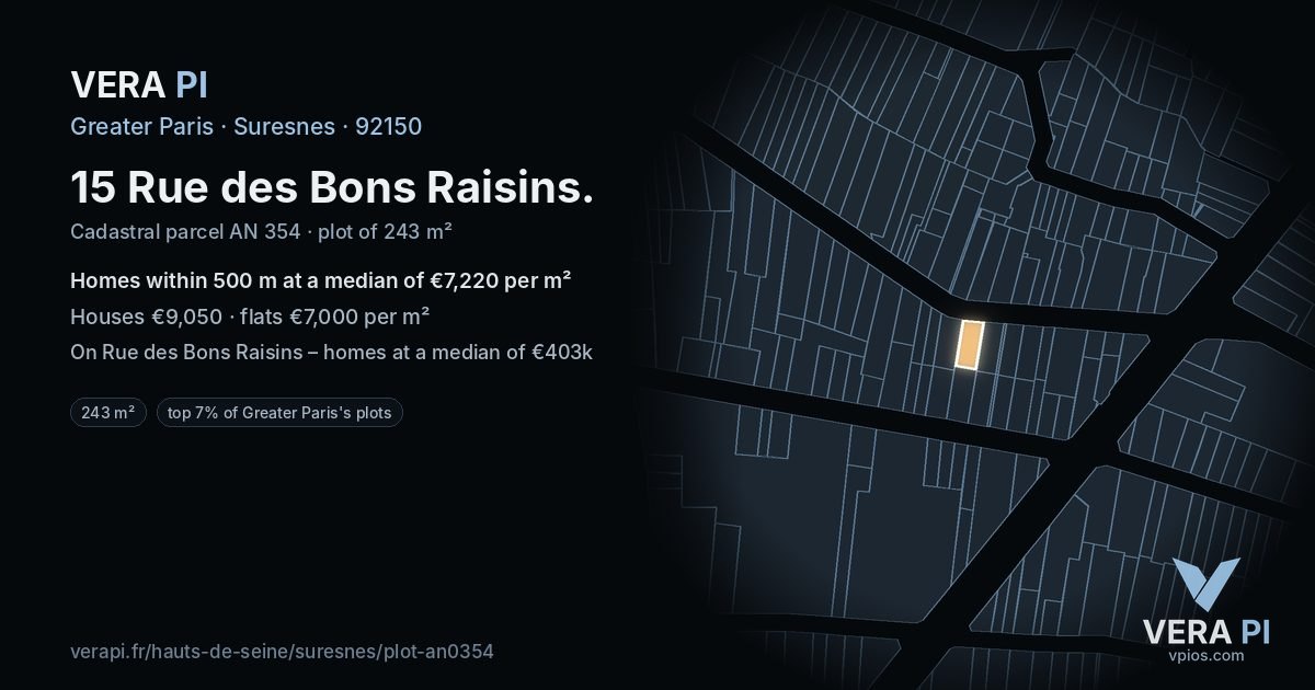 15 Rue des Bons Raisins, Suresnes at night – the plot lit, the parcels around coloured by the prices near them