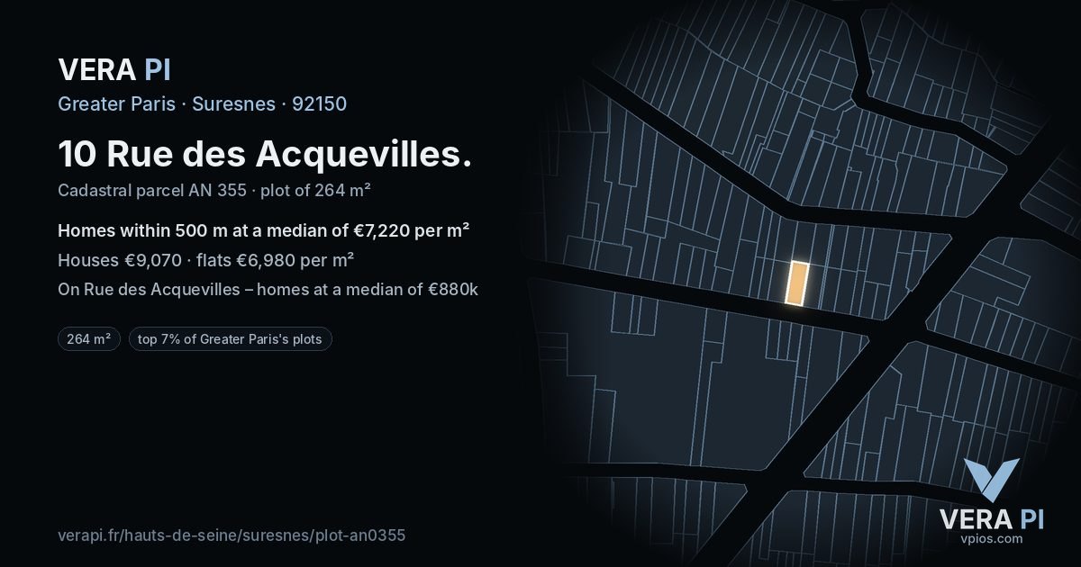 10 Rue des Acquevilles, Suresnes at night – the plot lit, the parcels around coloured by the prices near them