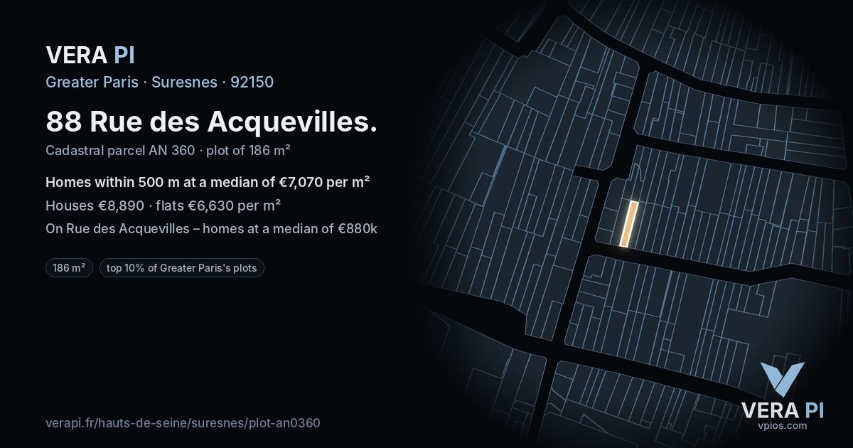 88 Rue des Acquevilles, Suresnes at night – the plot lit, the parcels around coloured by the prices near them