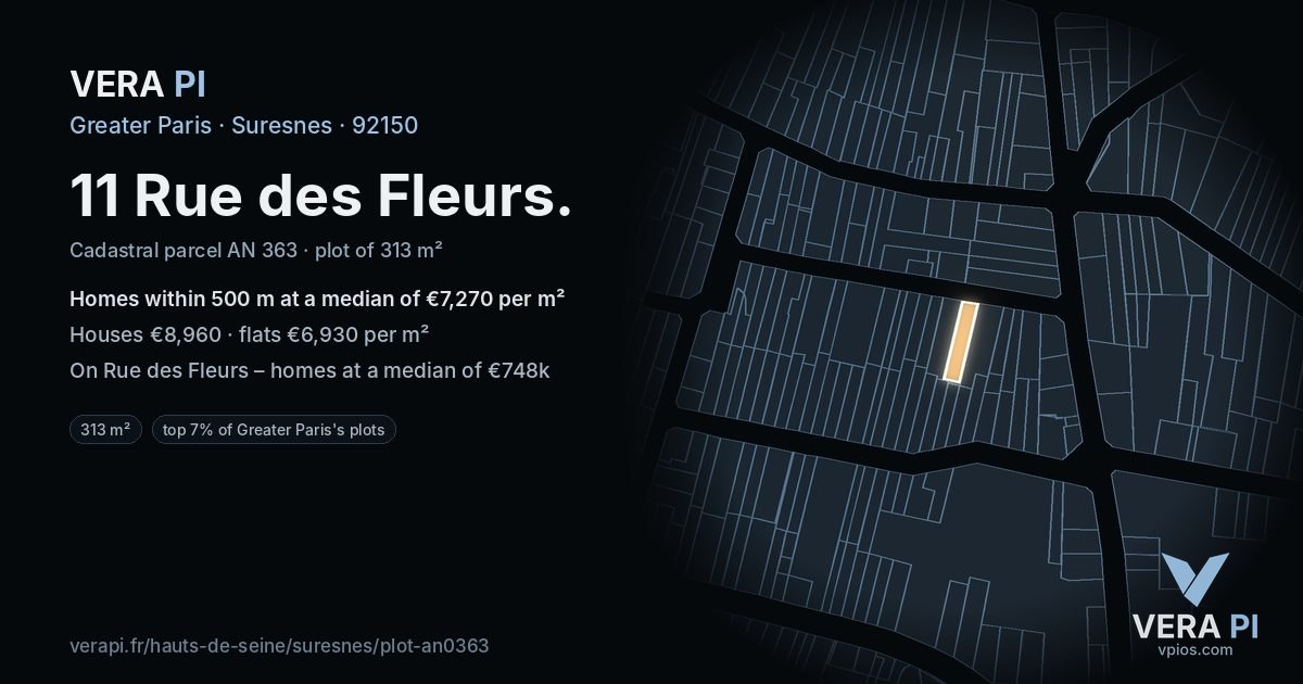11 Rue des Fleurs, Suresnes at night – the plot lit, the parcels around coloured by the prices near them
