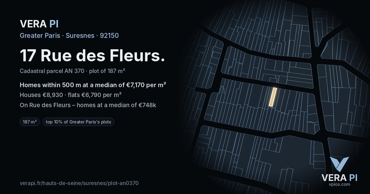17 Rue des Fleurs, Suresnes at night – the plot lit, the parcels around coloured by the prices near them
