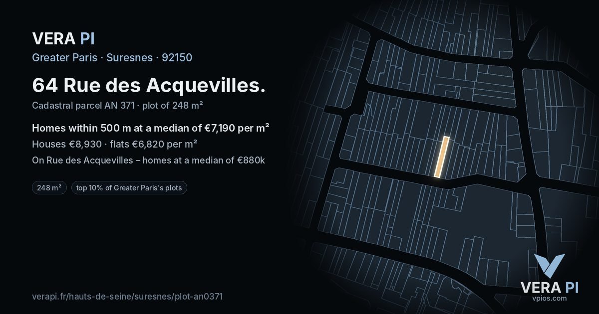 64 Rue des Acquevilles, Suresnes at night – the plot lit, the parcels around coloured by the prices near them