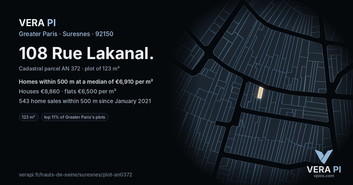 108 Rue Lakanal, Suresnes at night – the plot lit, the parcels around coloured by the prices near them