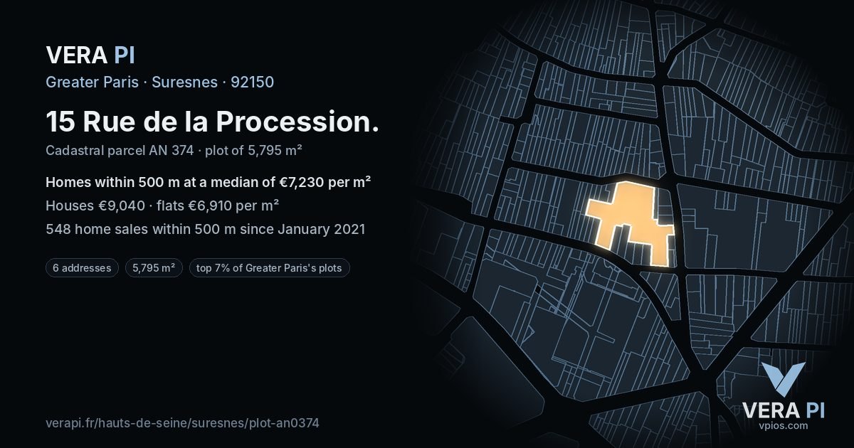 15 Rue de la Procession, Suresnes at night – the plot lit, the parcels around coloured by the prices near them