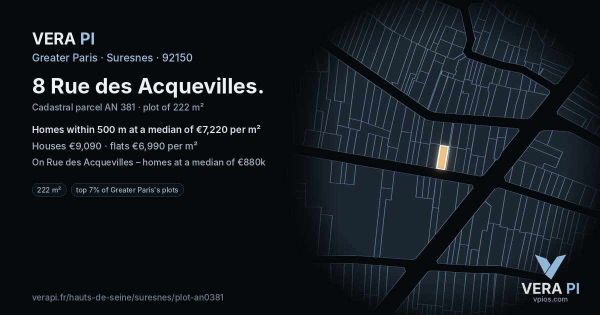 8 Rue des Acquevilles, Suresnes at night – the plot lit, the parcels around coloured by the prices near them