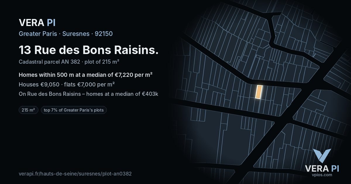 13 Rue des Bons Raisins, Suresnes at night – the plot lit, the parcels around coloured by the prices near them
