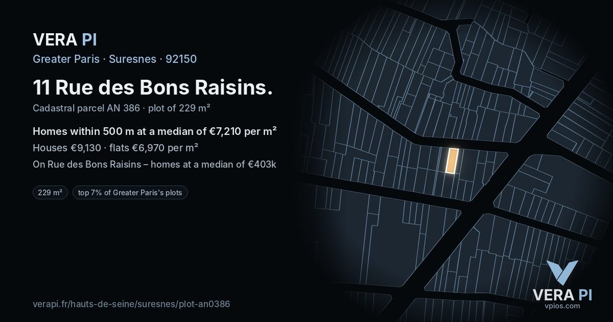 11 Rue des Bons Raisins, Suresnes at night – the plot lit, the parcels around coloured by the prices near them