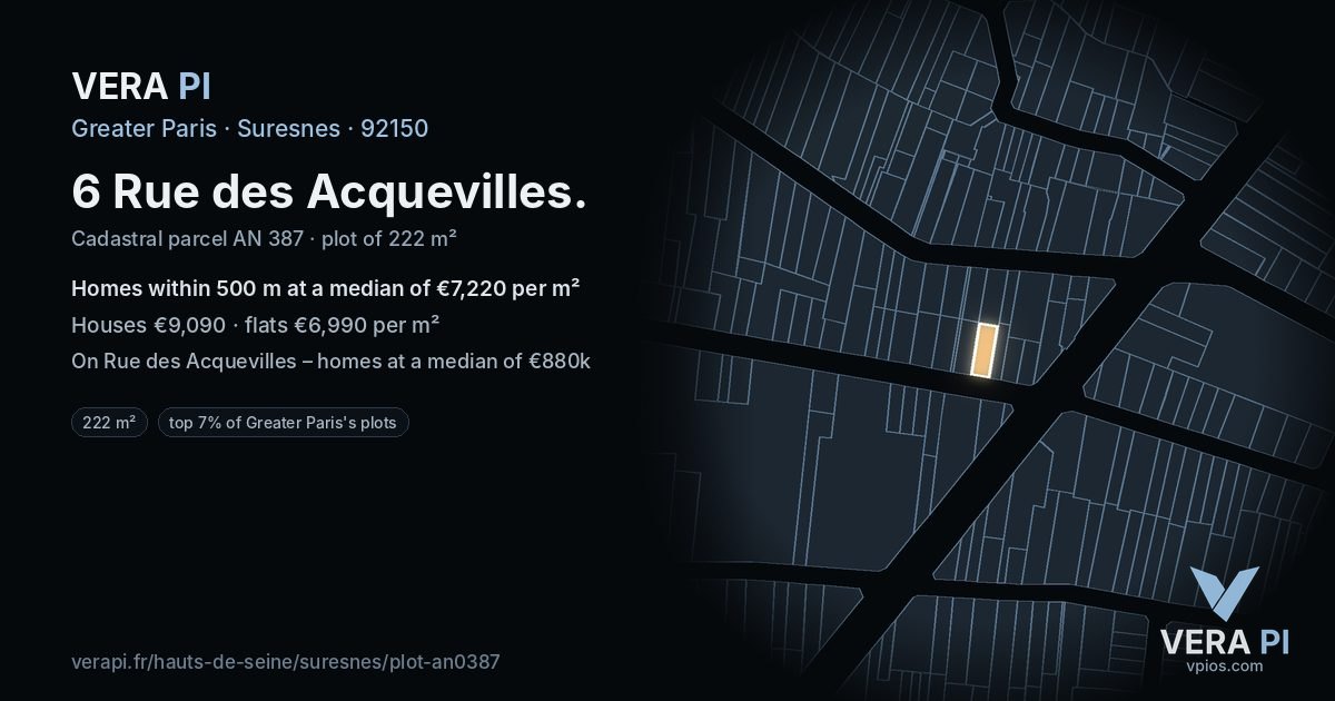 6 Rue des Acquevilles, Suresnes at night – the plot lit, the parcels around coloured by the prices near them