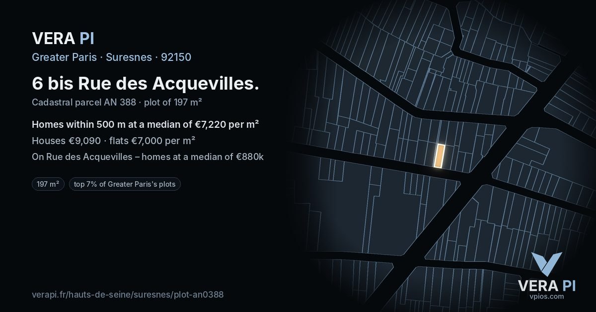 6 bis Rue des Acquevilles, Suresnes at night – the plot lit, the parcels around coloured by the prices near them