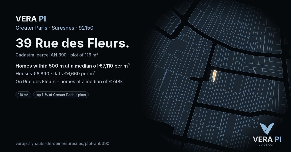 39 Rue des Fleurs, Suresnes at night – the plot lit, the parcels around coloured by the prices near them
