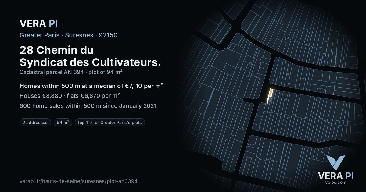 28 Chemin du Syndicat des Cultivateurs, Suresnes at night – the plot lit, the parcels around coloured by the prices near them