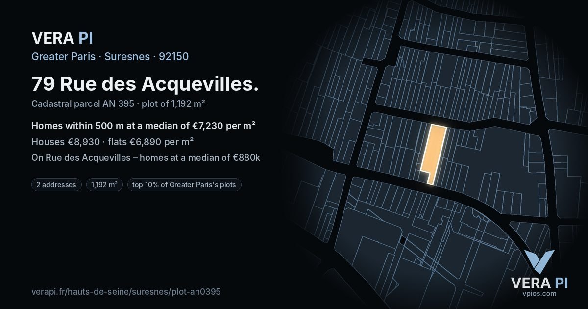 79 Rue des Acquevilles, Suresnes at night – the plot lit, the parcels around coloured by the prices near them