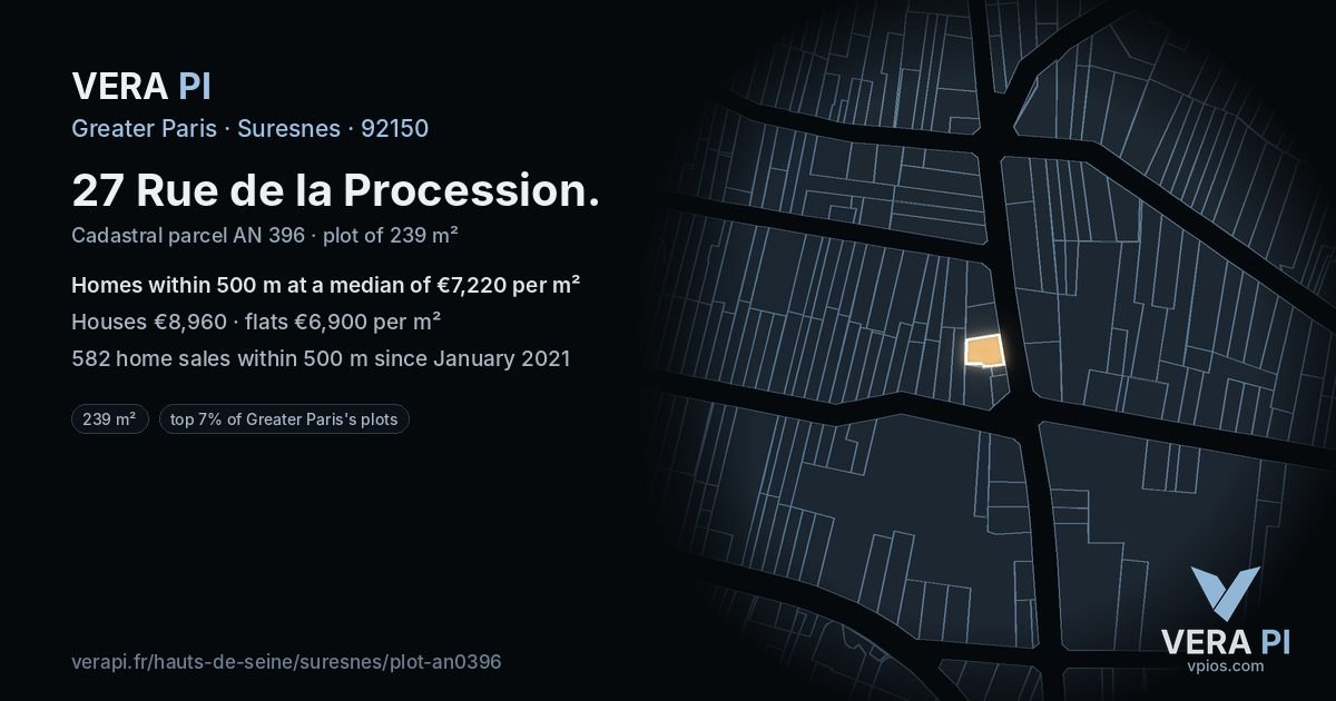 27 Rue de la Procession, Suresnes at night – the plot lit, the parcels around coloured by the prices near them