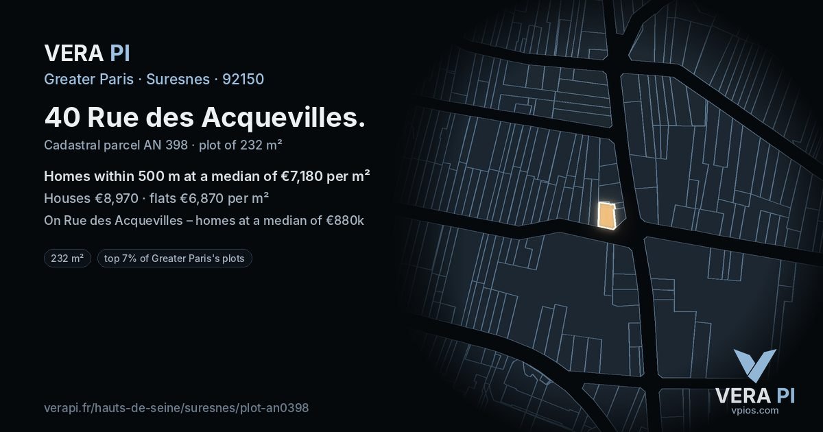 40 Rue des Acquevilles, Suresnes at night – the plot lit, the parcels around coloured by the prices near them