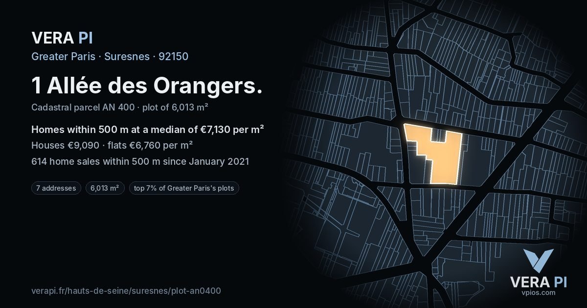 1 Allée des Orangers, Suresnes at night – the plot lit, the parcels around coloured by the prices near them