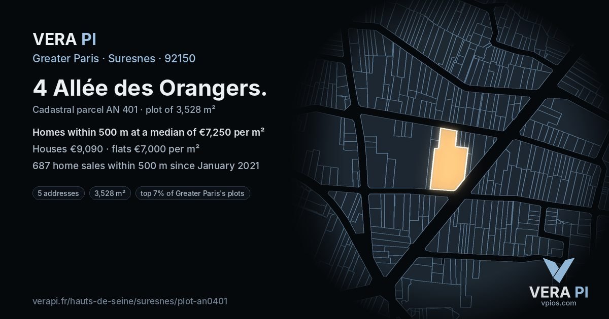 4 Allée des Orangers, Suresnes at night – the plot lit, the parcels around coloured by the prices near them